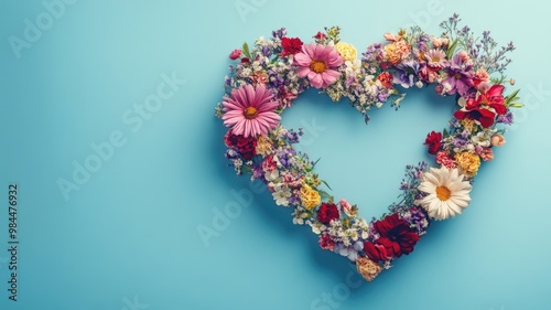 Heart-shaped floral wreath with colorful flowers against light-blue background