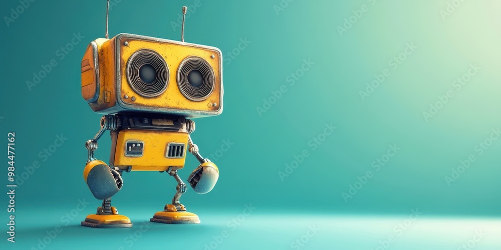 A charming yellow robot with big eyes stands on a teal background, embodying the spirit of innovation and technology. A charming yellow robot with big eyes stands on a teal background, embodying the spirit of innovation and technology.