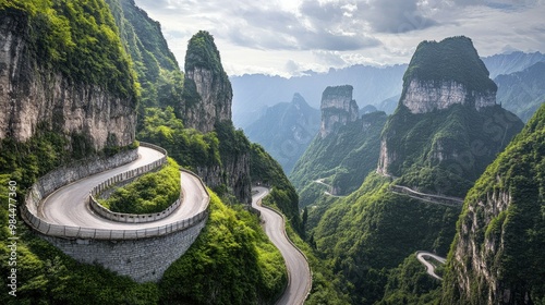 A panoramic view of the road winding up Tianmen Mountain towards HeavenGate, with sharp hairpin turns and steep cliffs on either side.