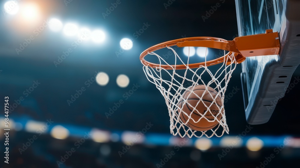 A basketball is about to enter a hoop in a sports arena.