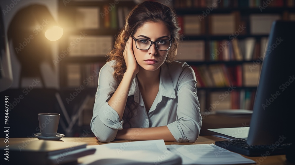 Businesswoman works amidst intricate documents and complex business data, demonstrating expertise and focus in navigating sophisticated information for effective decision-making and strategy.