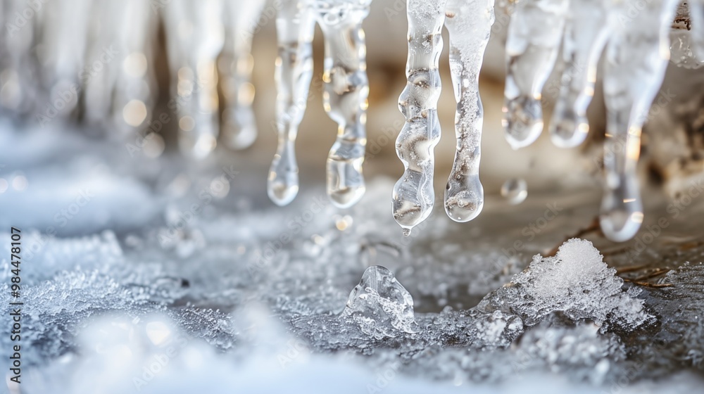 Icicles release melting snow, creating a delicate cascade of water droplets, a serene dance of nature capturing the ephemeral beauty of winter's transformation. Icicles release melting snow, creating a delicate cascade of water droplets, a serene dance of nature capturing the ephemeral beauty of winter's transformation.