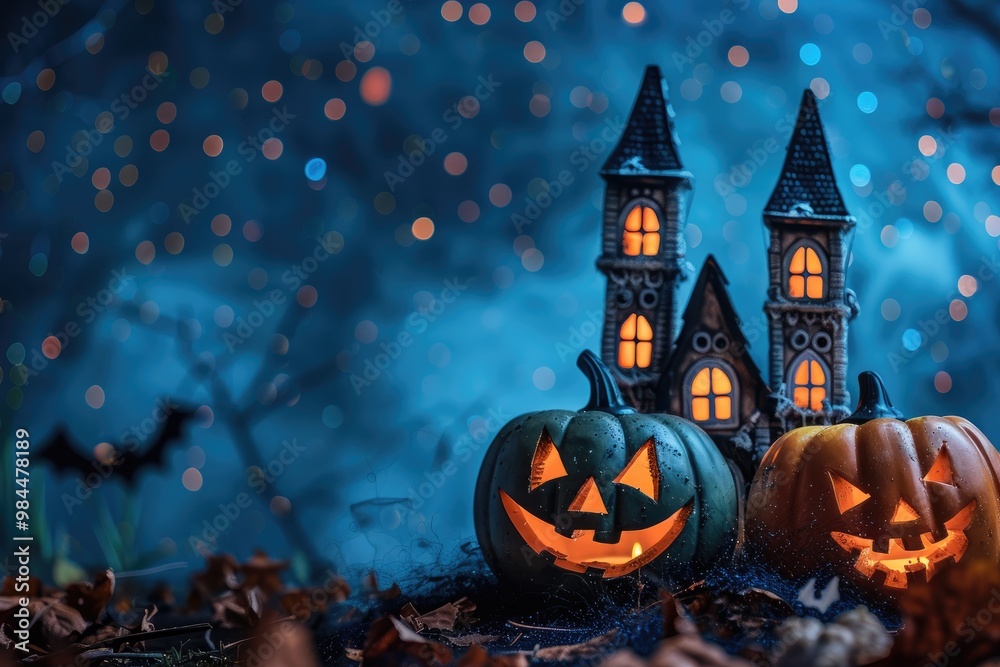 Lit Jack-o'-Lanterns and a Haunted House in a Mystical Forest Setting Lit Jack-o'-Lanterns and a Haunted House in a Mystical Forest Setting