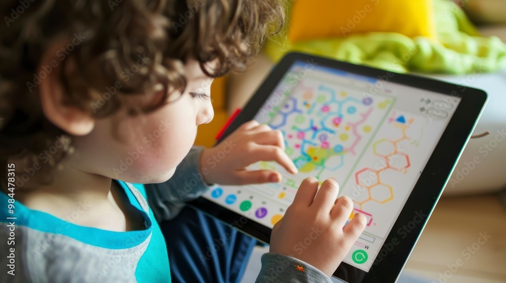 A child engages with a colorful educational app on a tablet. A child engages with a colorful educational app on a tablet.