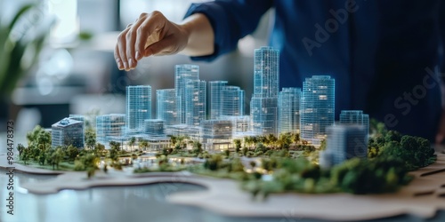 A modern architect designing an eco-friendly city model with digital skyscrapers and greenery in focus.