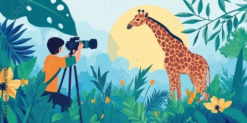 A photographer captures a stunning giraffe in a vibrant jungle setting, surrounded by lush greenery and colorful flowers.