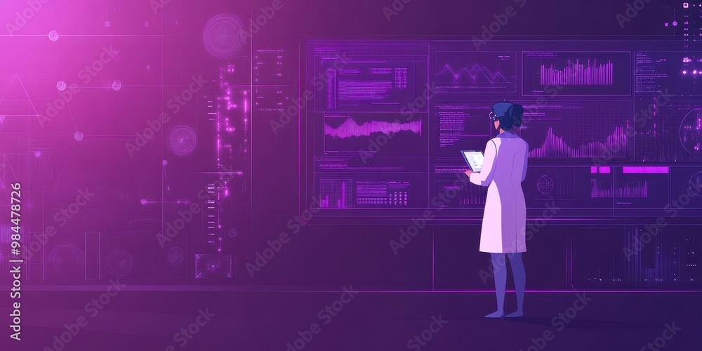 A scientist analyzes data on a futuristic digital screen in a vibrant, tech-inspired environment with purple hues.