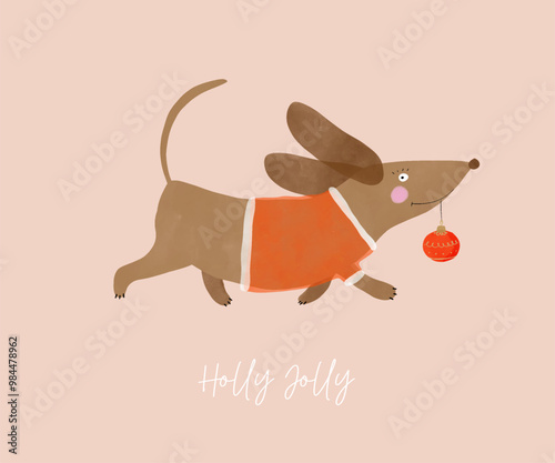 Christmas Card with Funny Dog ​​Holding a Red Bauble. Cute Vector Print with Happy Brown Dachshund Dog as a Santa. Holly Jolly. Lovely Xmas Art with Happy Puppy. Kids' Room Decoration. Winter Holidays