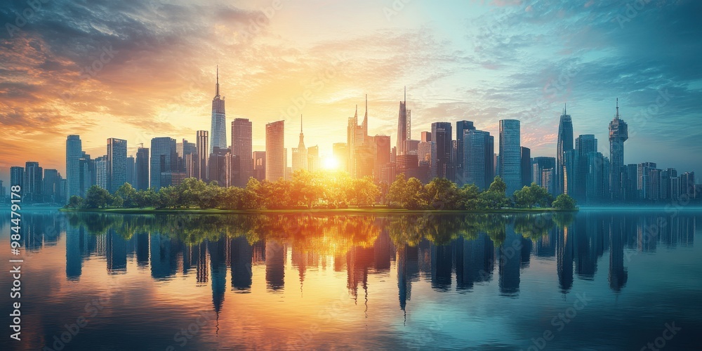 A stunning skyline at sunset reflecting on calm water, showcasing urban beauty and vibrant colors in a serene landscape. A stunning skyline at sunset reflecting on calm water, showcasing urban beauty and vibrant colors in a serene landscape.