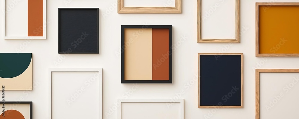 A stylish display of empty picture frames arranged on a wall, showcasing modern design elements and vibrant colors. A stylish display of empty picture frames arranged on a wall, showcasing modern design elements and vibrant colors.