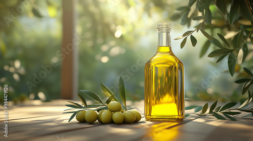A bottle of olive oil sits elegantly on wooden table, surrounded by fresh olives and olive branches, capturing essence of nature and culinary delight.