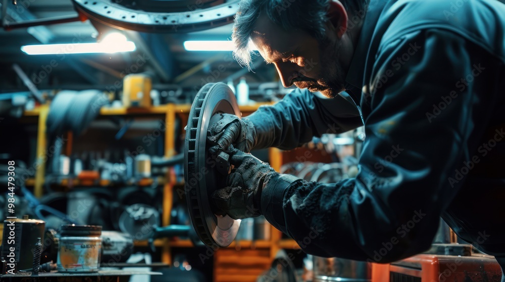 Mechanic Working on a Brake Rotor in a Garage Mechanic Working on a Brake Rotor in a Garage