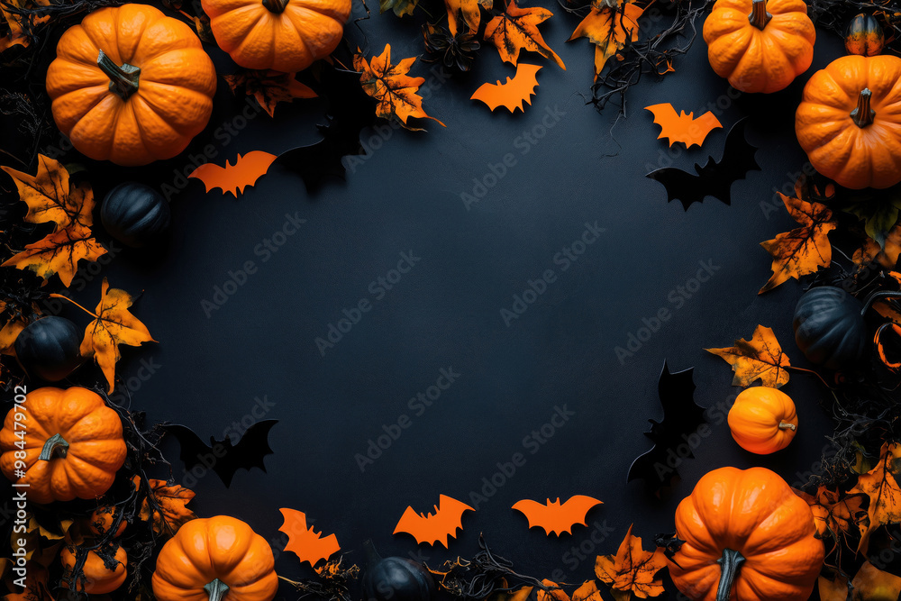 Halloween background with pumpkins, bats and leaves. Halloween background with pumpkins, bats and leaves.