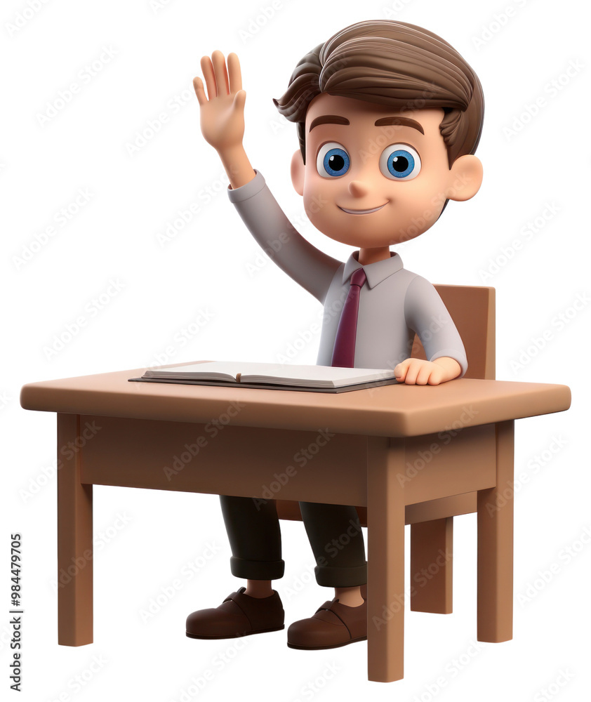 PNG School kid raising hand desk sitting cartoon. PNG School kid raising hand desk sitting cartoon.