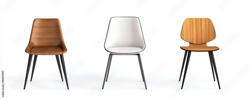 Three elegant chairs showcasing modern design, featuring wood and white finishes, ideal for contemporary interiors.