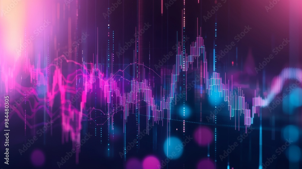A futuristic digital interface with neon pink and blue bars shows a holographic economic crisis on a dark background.