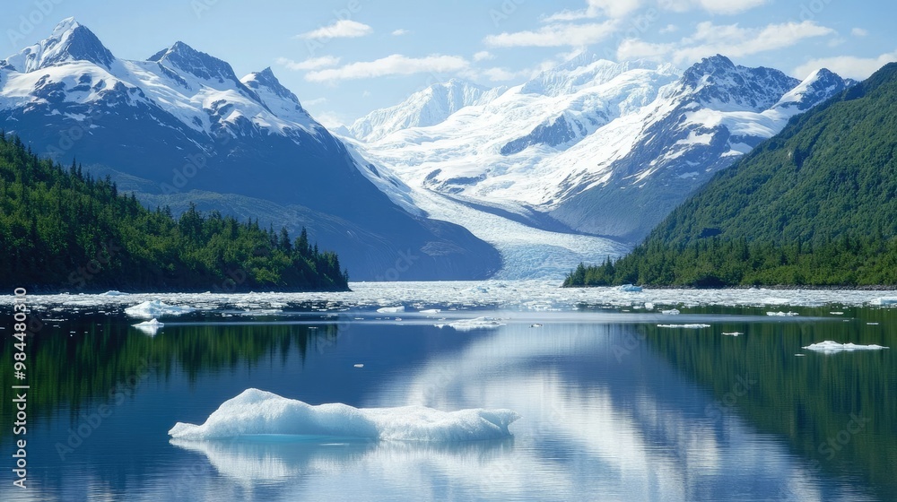 Naklejka premium A serene scene of Mendenhall Lake, with icebergs floating and Mendenhall Glacier in the background, framed by snow-capped peaks.