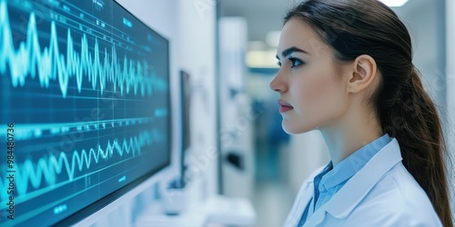 Medical professional analyzing data on monitor in clinic. Focus on healthcare and technology in modern medical practices.