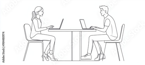 Line art modern illustration of a businessman and businesswoman discussing documents at a business meeting