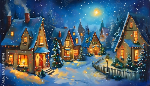 Enchanting village scene illuminated by warm lights on a magical Christmas night