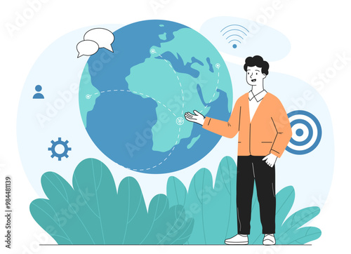 Man with global network. Young guy with globe and messages. Communication in social networks and messengers. International connection. Linear vector illustration