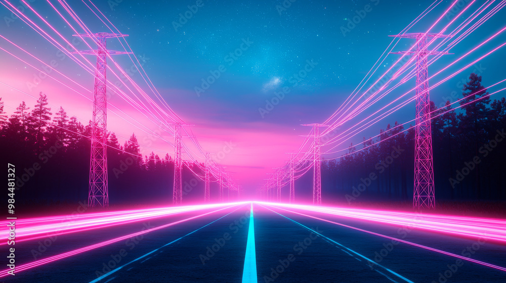 Obraz premium A long, empty road cuts through a forest at night, glowing with pink and blue lights.