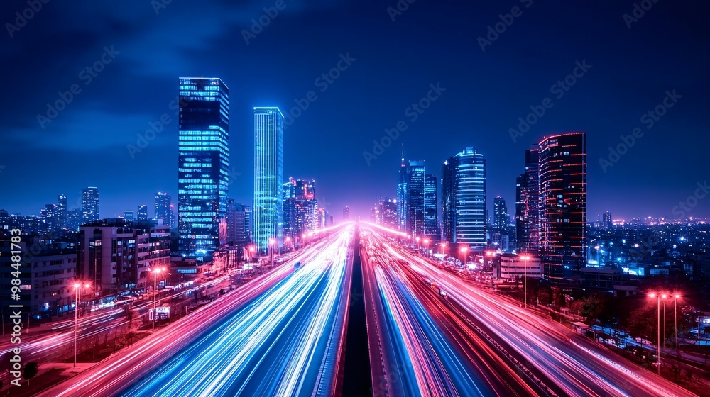 Fototapeta premium Long Exposure of Busy City Street at Night with Vibrant Light Trails