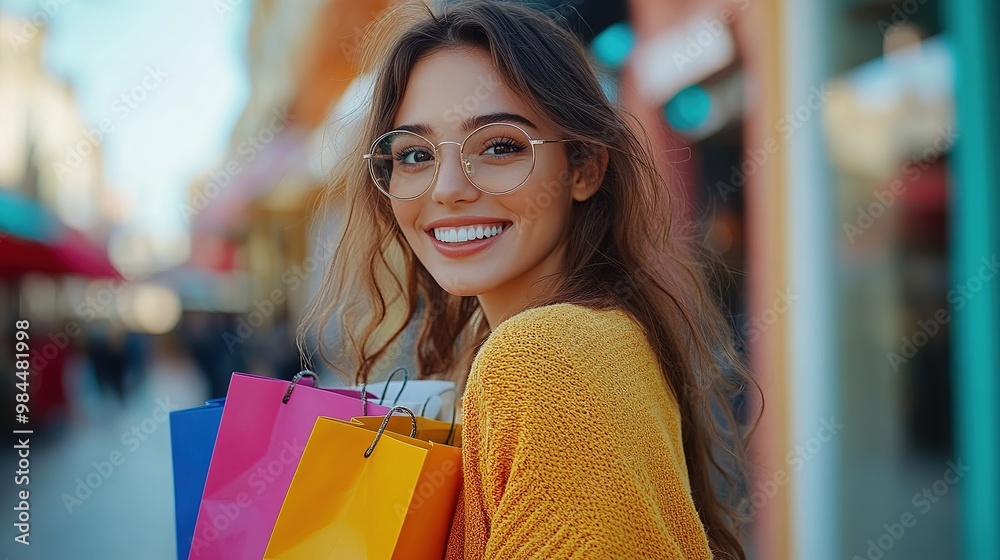 Photo of pretty millennial model lady carry many packs shopper enjoy tourism abroad sales wear fluffy jacket Photo of pretty millennial model lady carry many packs shopper enjoy tourism abroad sales wear fluffy jacket
