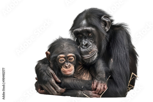 A baby chimpanzee cuddling with its mother in a caring embrace on a neutral background on transparent background photo