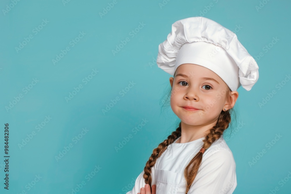 A cheerful young girl wearing a chef's uniform and hat, smiling against a bright blue background, perfect for culinary themes. A cheerful young girl wearing a chef's uniform and hat, smiling against a bright blue background, perfect for culinary themes.