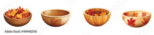 Autumn bowls filled with colorful leaves in warm hues, on the Transparent background, PNG Format photo