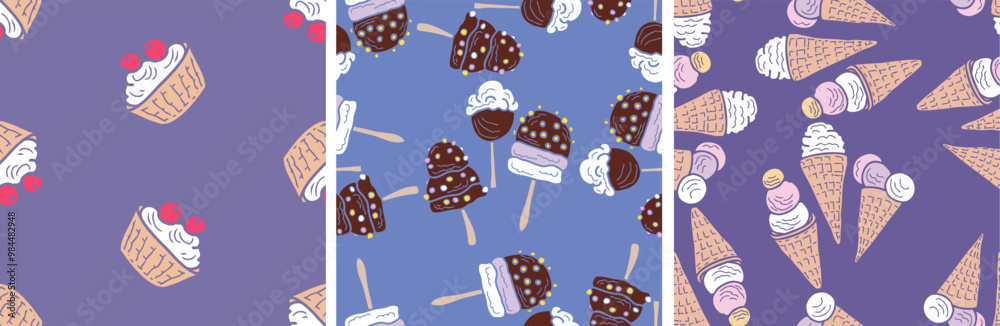 Seamless patterns of abstract various ice cream, waffle cone, chocolate, vector backgrounds, wallpaper, paper Seamless patterns of abstract various ice cream, waffle cone, chocolate, vector backgrounds, wallpaper, paper
