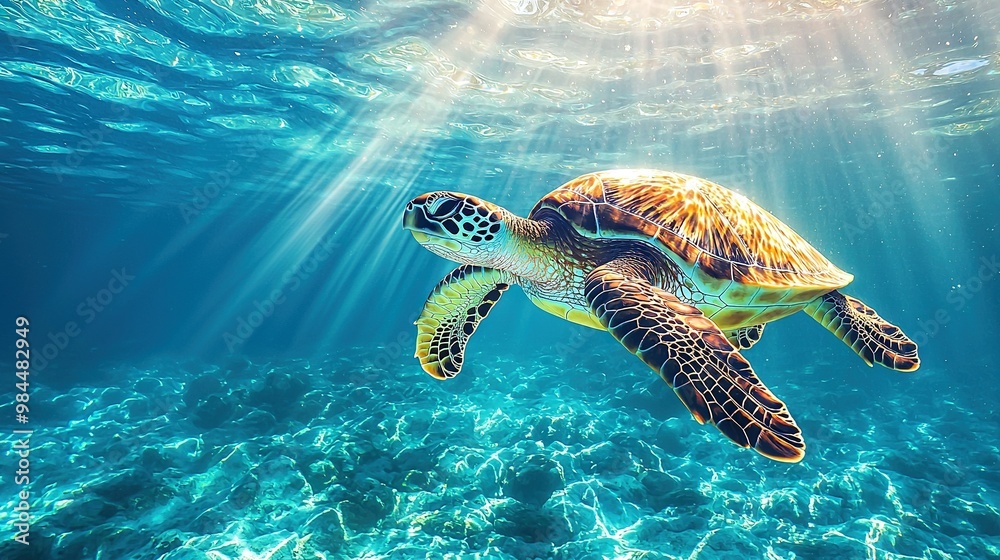 Obraz premium A turtle swimming in the sun-drenched ocean, its head poking above the water surface