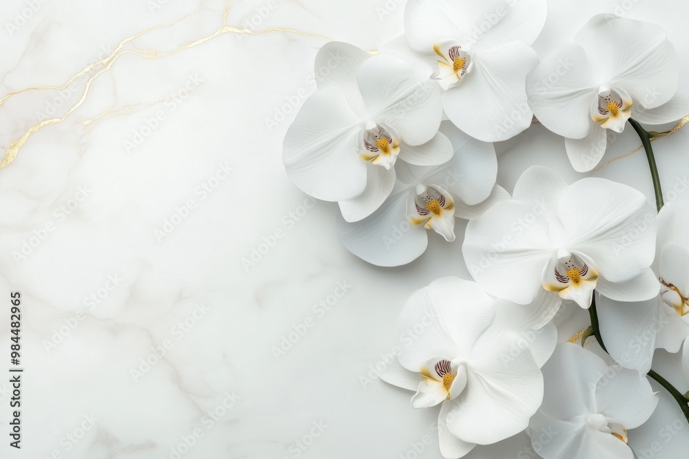 It features exquisite white iris blooms with gold accents set against a textured gray background. It features exquisite white iris blooms with gold accents set against a textured gray background.