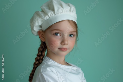 A cheerful young girl wearing a chef's uniform and hat, smiling against a bright blue background, perfect for culinary themes.