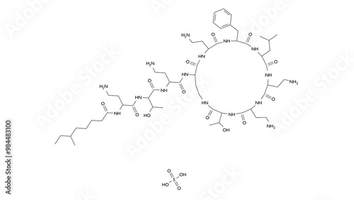 polymyxin b molecule, structural chemical formula, ball-and-stick model, isolated image antibiotic photo
