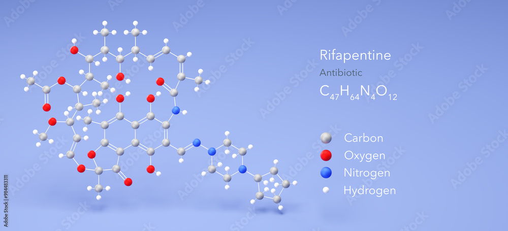 rifapentine molecule, molecular structure, antibiotic, 3d model, Structural Chemical Formula and Atoms with Color Coding