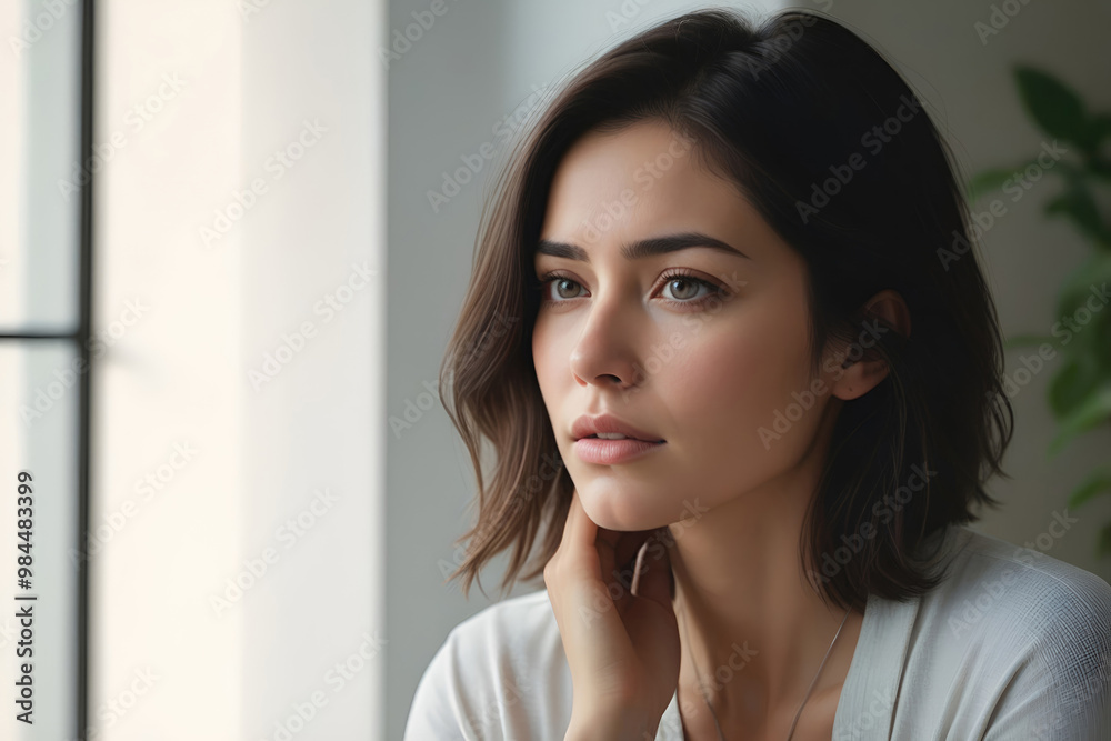 a woman touching painful neck, sore throat for flu, clod and infection a woman touching painful neck, sore throat for flu, clod and infection