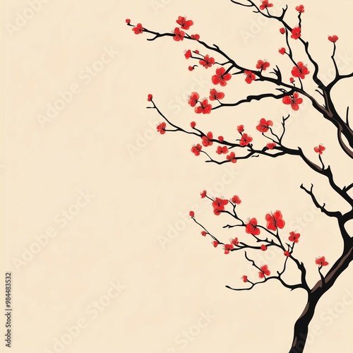  Elegant branch with blooming red flowers on a minimalist beige background in traditional style