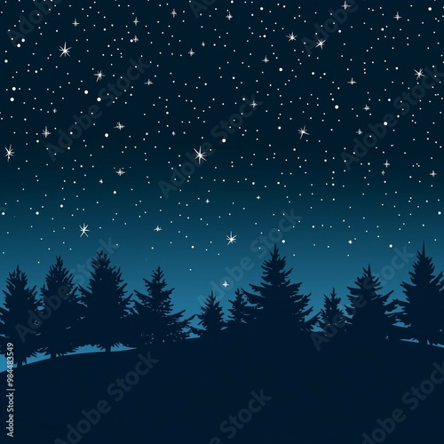  Silhouette of pine trees against a starry night sky with a gradient blue background