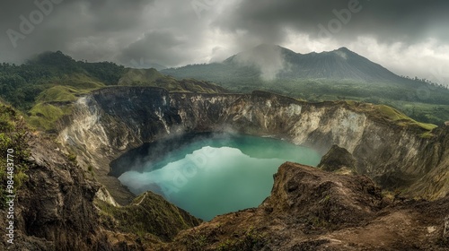 A wide panorama of Kelimutu tri-colored lakes, their waters shifting between shades of green, blue, and black, under dramatic cloud cover.