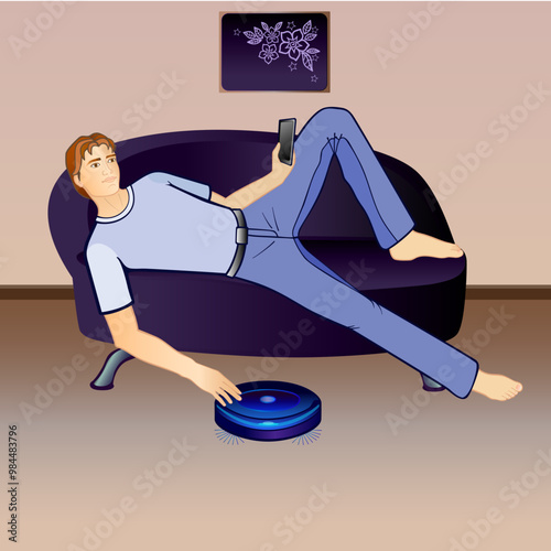 A robot is a vacuum cleaner and a resting guy. The man on the couch. Working vacuum cleaner. Close-up	