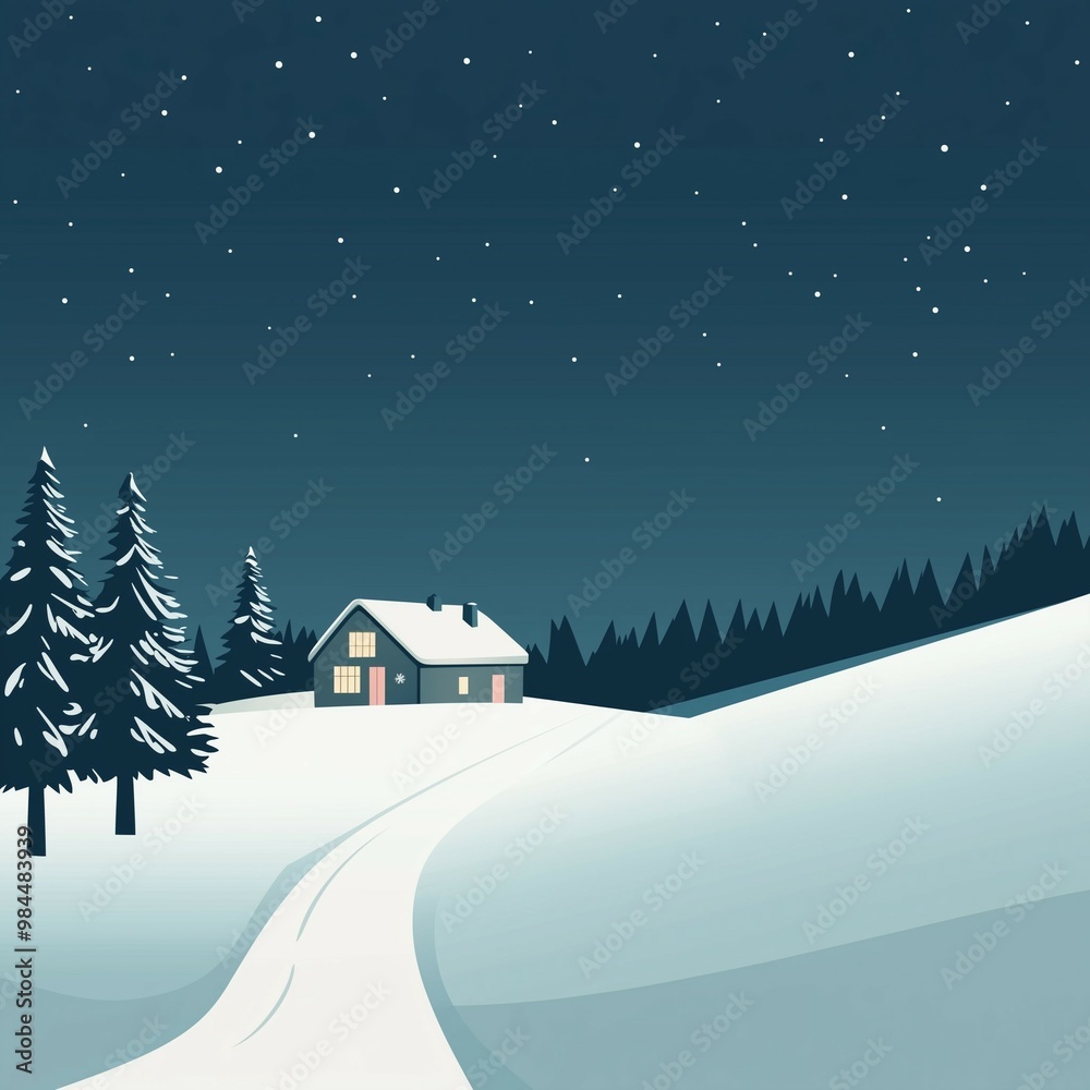 Snow covered cabin in a peaceful winter night landscape with pine trees and a clear starry sky Snow covered cabin in a peaceful winter night landscape with pine trees and a clear starry sky