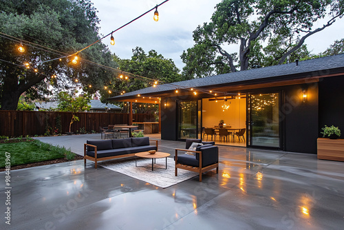 outdoor patio with stamped concrete floor, string lights overhead