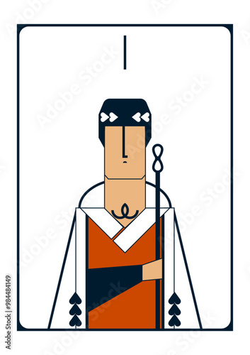 Simple vector geometric image of a tarot card of a magician with a staff in his hand in red and white colours 