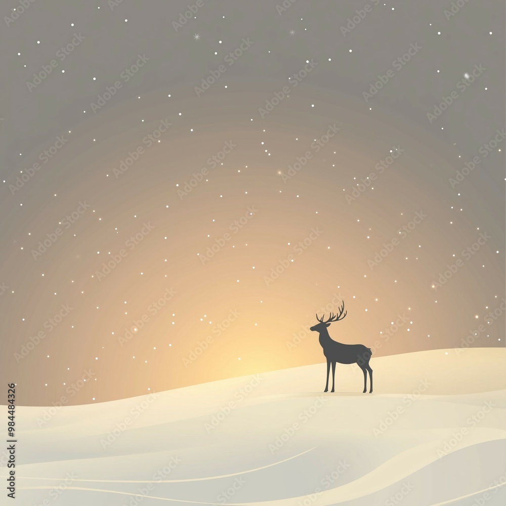 Silhouette of a deer standing on snowy hills with a glowing sunset sky for a peaceful winter landscape Silhouette of a deer standing on snowy hills with a glowing sunset sky for a peaceful winter landscape