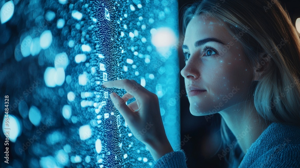 This futuristic technology theme features a digital interface with a holographic image of a woman starring at it This futuristic technology theme features a digital interface with a holographic image of a woman starring at it