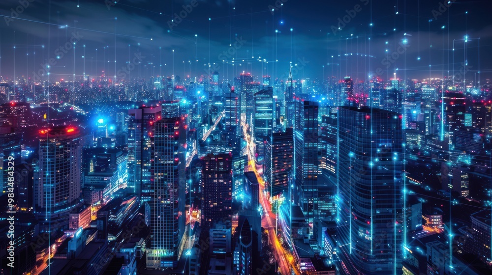Cityscape at Night with Network Connections Cityscape at Night with Network Connections