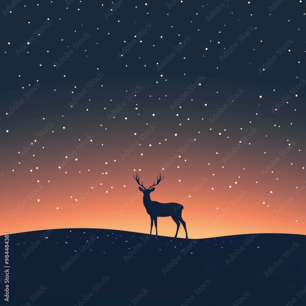 Silhouette of a deer standing under a starry sky with a glowing sunset horizon creating a serene landscape Silhouette of a deer standing under a starry sky with a glowing sunset horizon creating a serene landscape