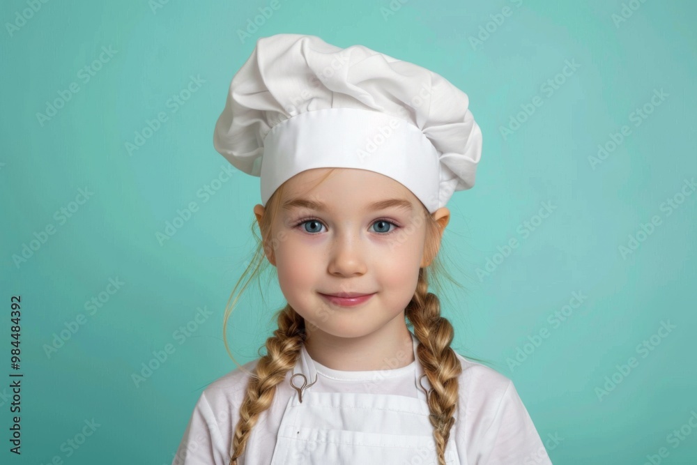 A cheerful young girl wearing a chef's uniform and hat, smiling against a bright blue background, perfect for culinary themes. A cheerful young girl wearing a chef's uniform and hat, smiling against a bright blue background, perfect for culinary themes.